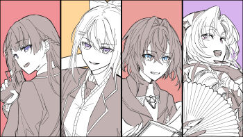 Rule 34 | 4girls, :d, absurdres, ange katrina, ange katrina (1st costume), blue eyes, book, braid, claw ring, collared shirt, column lineup, commentary request, crossed bangs, drill hair, folding fan, gloves, greyscale with colored background, gun, hair between eyes, hair intakes, hair ribbon, half gloves, half up braid, hand fan, hand up, handgun, highres, higuchi kaede, higuchi kaede (1st costume), holding, holding book, holding fan, holding gun, holding weapon, hyakumantenbara salome, hyakumantenbara salome (1st costume), jacket, lapels, long bangs, long hair, looking at viewer, medium hair, multiple girls, necktie, nijisanji, notched lapels, open book, open mouth, pink eyes, purple background, purple eyes, red background, rencoeur, ribbon, shirt, sketch, smile, spot color, tsukino mito, tsukino mito (1st costume), virtual youtuber, weapon, yellow background