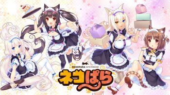 4girls :3 :d :o animal_ear_fluff animal_ear_legwear animal_ears apron azuki_(nekopara) back_bow bell black_socks black_thighhighs blonde_hair blue_bow blue_eyes blush bow box breasts brown_eyes brown_hair buttons cake cake_slice cat_ear_legwear cat_ear_thighhighs cat_ears cat_girl cat_tail cat_thighhighs character_name chocola_(nekopara) cleavage clipboard coconut_(nekopara) crossed_legs fishnets food fruit hair_ribbon heart heart_button heterochromia high_heels highres holding holding_clipboard large_breasts long_hair low_twintails maid maid_apron maid_headdress medium_breasts multiple_girls name_tag neck_bell nekopara official_art open_mouth package parted_bangs paw_print_soles pencil pink_bow purple_bow ribbon sayori_(neko_works) short_hair siblings sisters slit_pupils small_breasts smile socks strawberry strawberry_cake striped_tail tail thighhighs tray twins twintails two_side_up vanilla_(nekopara) very_long_hair waist_apron white_apron white_bow white_hair white_ribbon white_socks white_thighhighs white_wrist_cuffs wrist_cuffs yellow_bow yellow_eyes