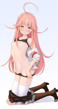 1girl absurdres ahoge black_bra black_panties black_skirt blunt_bangs blush boots bra bra_lift breasts brown_boots cleft_of_venus closed_mouth clothes_lift clothes_pull collarbone commentary_request eyelashes flipped_hair from_side full_body furrowed_brow green_eyes high_heel_boots high_heels highres huge_ahoge kneeling lips long_hair looking_at_viewer minamoto_natsuki miniskirt navel nipples nukigee_mitai_na_shima_ni_sunderu_watashi_wa_dou_surya_ii_desu_ka? open_clothes open_shirt panties panty_pull pink_hair pleated_skirt pulling_own_clothes pussy shirt shirt_partially_removed sidelocks simple_background skirt skirt_pull small_breasts smile solo stomach tareme thighhighs thighs twitter_username uncensored underwear undressing upturned_eyes very_long_hair watarai_hinami white_background white_shirt white_thighhighs