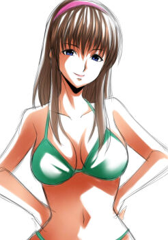 bikini blue_eyes breasts brown_hair dead_or_alive green_bikini hairband halterneck hands_on_own_hips hitomi_(doa) large_breasts long_hair looking_at_viewer navel pink_hairband sidelocks smile swimsuit yamada_(fanfantaisa)