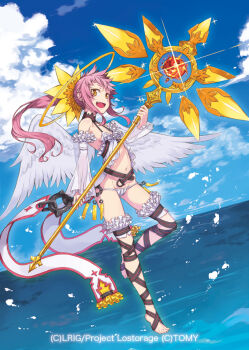 1girl angel angel_wings barefoot blue_sky breasts cloud copyright_notice dress fang holding holding_staff looking_at_viewer navel official_art open_clothes open_dress open_mouth outdoors panties pink_hair satoma_makoto sky small_breasts smile solo staff tobiel_(wixoss) underwear water white_dress white_panties wings wixoss yellow_eyes