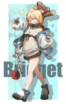 1boy ;d absurdres bike_shorts bike_shorts_under_skirt black_gloves black_ribbon black_skirt blonde_hair blue_background blue_eyes blue_shoes bridget_(guilty_gear) chinese_commentary commentary cuffs drawstring drop_shadow fingerless_gloves full_body gloves guilty_gear guilty_gear_strive hair_between_eyes handcuffs highres hood hood_down hooded_jacket index_finger_raised jacket long_sleeves looking_at_viewer lower_teeth_only male_focus medium_hair miniskirt one_eye_closed open_clothes open_jacket open_mouth pleated_skirt ribbon roger_(guilty_gear) shadow shirt shoes sidelocks skirt smile socks solo sparkle standing teeth trap underbust white_socks yellow_shirt yo-yo yzbr zoom_layer