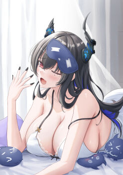 Rule 34 | 1girl, ;o, absurdres, almonxtea, asymmetrical horns, babydoll, bed, black hair, black nails, blue hair, blush, breasts, cleavage, colored inner hair, commentary, curtains, day, double-parted bangs, english commentary, fang, floating curtains, flower, hair between eyes, hand up, highres, hololive, hololive english, horn flower, horns, huge breasts, indoors, jailbird (nerissa ravencroft), lace trim, long hair, looking at viewer, lying, mask, mask on head, mole, mole under eye, multicolored hair, nail polish, nerissa ravencroft, on bed, on stomach, one eye closed, red eyes, sideboob, skin fang, sleep mask, sleepwear, slit pupils, solo, strap slip, uneven horns, upper body, virtual youtuber, waking up, white babydoll, yawning
