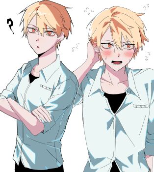 1boy ? arm_behind_head black_shirt blonde_hair blush collared_shirt commentary_request crossed_arms embarrassed high_school_boy highres hong_iltak korean_commentary looking_at_viewer lower_teeth_only male_focus multiple_views open_mouth pocket shirt sleeves_rolled_up subgye teeth tongue white_shirt