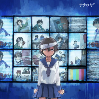 1girl angel angry bandages black_hair blouse bread bread_slice brushing_hair brushing_own_hair character_request cowboy_shot death female_focus food food_in_mouth gregorius_yamada halo mouth_hold original oversized_object school_uniform serafuku shirt short_hair solo source_request static sweet_potato television test_card toast toast_in_mouth translation_request v-shaped_eyebrows white_shirt wings