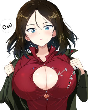 1girl absurdres alternate_breast_size_(larger) black_hair blue_eyes blush breasts cleavage commentary_request girls_und_panzer green_jacket happy_birthday highres huge_breasts jacket kumaisao nonna_(girls_und_panzer) open_mouth red_skirt shirt short_hair simple_background skirt solo sweat upper_body white_background