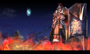 boots commentary_request fire fur-trimmed_boots fur_trim giant_priest_awalth helmet highres holding holding_shield holding_weapon nobunaga1207 outdoors pixiv_fantasia pixiv_fantasia_last_saga plume shield solo standing sword weapon