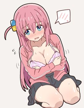 1girl averting_eyes blue_eyes blush bocchi_the_rock! bra breasts cleavage commentary_request covering_breasts covering_privates cube_hair_ornament gotoh_hitori hair_ornament jacket kneeling large_breasts long_hair miniskirt mukiryoku_bato one_side_up pink_bra pink_hair pink_jacket skirt solo spoken_blush sweat thighs underwear very_long_hair