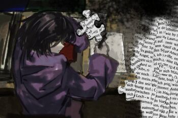 1other androgynous arms_on_table black_hair book chinese_commentary closed_eyes commentary english_commentary expressionless from_above hair_between_eyes head_on_arm head_on_table holding holding_puzzle_piece hood hood_down hooded_jacket indoors jacket jigsaw_puzzle len&#039;en long_hair_between_eyes long_sleeves mixed-language_commentary no_headwear other_focus parted_lips pointy_nose purple_jacket puzzle puzzle_piece shitodo_kuroji short_hair sitting sleeping solo yancao_(pixiv_103434280)