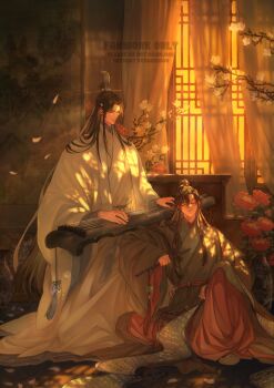 Rule 34 | 2boys, absurdres, ahoge, black boots, black hair, black hanfu, blue sash, boots, branch, brown hair, chenqing flute, chinese clothes, closed eyes, closed mouth, commentary, couple, curtains, dappled sunlight, dizi, falling petals, flower, flute, flute tassel, full body, ganen cheese, guqin, hair between eyes, hair ornament, hanfu, headband, highres, holding, holding flute, holding instrument, holding scroll, indoors, instrument, knee up, lan wangji, lattice, leaning on person, light smile, long hair, long sleeves, looking at another, looking down, male focus, modao zushi, multiple boys, music, on floor, petals, playing instrument, ponytail, red flower, red sash, robe, sash, scroll, sidelocks, sitting, sleeping, smile, sunlight, symbol-only commentary, tassel, topknot, transverse flute, vase, very long hair, wangji guqin, watermark, wei wuxian, white flower, white hanfu, white headband, white petals, wide sleeves, window, xiao guan (headdress), yaoi, yaopei