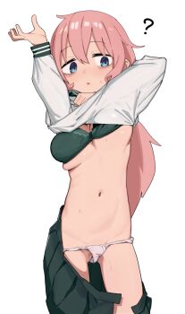 1girl ? bags_under_eyes blue_eyes bra breasts commentary_request cowboy_shot doka_yuki_(tsumorisugi) green_bra green_skirt highres large_breasts long_hair long_sleeves michinoku_komaro navel open_clothes open_skirt oppai_loli panties parted_lips pink_hair pleated_skirt school_uniform seitokai_ni_mo_ana_wa_aru! serafuku shirt simple_background skirt solo stomach sweat underboob underwear undressing white_background white_panties white_shirt