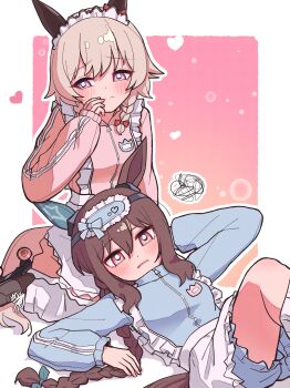 Rule 34 | 2girls, absurdres, admire vega (umamusume), animal ears, apron, blonde hair, bloomers, blue bloomers, blue jacket, blush, border, braid, bright pupils, brown hair, closed mouth, commentary request, curren chan (umamusume), ear covers, heart, highres, horse ears, jacket, jin (jinkwon1147), lap pillow, long sleeves, maid, maid apron, maid headdress, multiple girls, parted lips, pink background, pink eyes, pink jacket, purple eyes, side braid, squiggle, track jacket, umamusume, underwear, white apron, white border, white headdress, white pupils, yuri