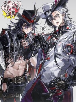 Rule 34 | 2boys, abs, ashveil (honkai: star rail), badge, belt, black hair, boothill (honkai: star rail), boothill (honkai: star rail) (cosplay), bright pupils, chibi, clothing cutout, commentary, cosplay, costume switch, cowboy hat, cropped jacket, cyborg, earrings, fedora, gradient hair, grey hair, hand on own hip, hashtag-only commentary, hat, hat ornament, highres, honkai: star rail, honkai (series), jacket, jewelry, kd sayakayui, long hair, male focus, midriff, multicolored hair, multiple boys, pants, ponytail, red eyes, sharp teeth, single earring, sparkle (honkai: star rail), sparxie (honkai: star rail), streaked hair, symbol-only commentary, teeth, toned, very long hair, vest, waistcoat, white hair, zipper