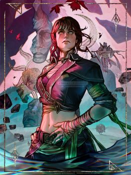 1girl artist_name breasts choker clair_obscur:_expedition_33 closed_mouth commentary cow cropped_jacket english_commentary hand_on_own_hip highres looking_up medium_breasts medium_hair midriff navel procreate_(medium) red_hair scar scar_on_face scar_on_nose scar_on_stomach sciel_(clair_obscur:_expedition_33) solo tholia_bentz twitter_username watermark web_address