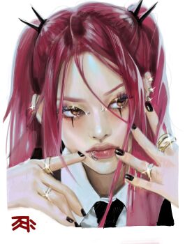 Rule 34 | 1girl, black nails, black necktie, brown eyes, closed mouth, collared shirt, commentary request, eyeshadow, glint, highres, jewelry, korean commentary, kpop demon hunters, looking to the side, makeup, mascara, mira (kpop demon hunters), necktie, realistic, ring, sha sha2052, shirt, sidelocks, simple background, solo, twintails, white background