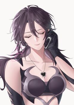 1girl adjusting_earrings bare_shoulders black_gemstone black_gloves black_hair black_tube_top breasts cleavage closed_eyes clothing_cutout collarbone commentary_request deren_(path_to_nowhere) earrings elbow_gloves eyelashes facing_viewer gem glove_cutout gloves hair_between_eyes hair_over_shoulder hand_in_own_hair hand_up heart heart_earrings heart_necklace highres hoop_earrings jewelry kabu_(kaopako_) light_smile linea_alba lipgloss lips long_hair mature_female medium_breasts midriff midriff_peek necklace path_to_nowhere pink_lips sidelocks signature silver_earrings silver_necklace silver_trim simple_background smile solo_focus sparkle strapless tube_top upper_body white_background