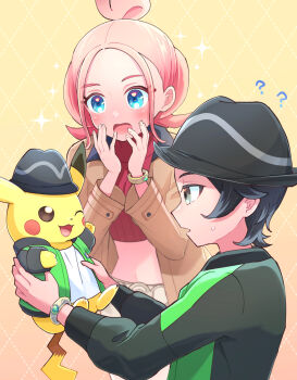 1boy 1girl ;d ? belt black_hair black_hat black_jacket blonde_hair blue_eyes blush breasts brown_jacket clothed_pokemon commentary_request cowboy_shot crop_top cropped_shirt gen_1_pokemon gradient_hair green_jacket hair_bun hands_up hat highres holding holding_pokemon jacket long_sleeves looking_at_another medium_breasts mega_ring mega_stone midriff multicolored_hair multicolored_jacket navel nintendo one_eye_closed open_clothes open_jacket open_mouth parted_bangs paxton_(pokemon) pikachu pink_hair pokemon pokemon_(creature) pokemon_legends:_z-a red_shirt ribbed_shirt ric_(aceradio) shirt short_hair short_sideburns shorts sidelocks smile sparkle striped_hat taunie_(pokemon) turtleneck turtleneck_shirt two-tone_jacket upper_body white_belt white_shirt white_shorts