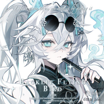 1girl aqua_eyes bare_shoulders bow closed_mouth dragon_horns folded_fan folding_fan hair_between_eyes hand_fan highres horns original portrait simple_background sunglasses tassel too_many_watermarks twintails upper_body watermark white_background white_hair