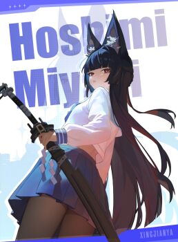 1girl alternate_costume animal_ear_fluff animal_ears black_hair blue_skirt blunt_bangs brown_pantyhose character_name cowboy_shot fox_ears fox_girl from_behind holding holding_sword holding_weapon hoshimi_miyabi katana long_hair looking_back mashaer1548298 pantyhose parted_lips red_eyes school_uniform shirt skirt solo sparkle sword weapon white_background white_shirt zenless_zone_zero