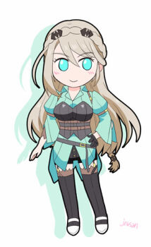 1girl artist_name blonde_hair blue_eyes braid chibi closed_mouth commentary_request crown_braid eiyuu_densetsu elaine_auclair full_body gloves hair_between_eyes hand_on_own_hip kai_no_kiseki kuro_no_kiseki_(series) long_sleeves lowres parted_bangs puffy_long_sleeves puffy_sleeves shorts silhouette simple_background single_braid single_glove single_sidelock smile solo tachi-e white_background xiacheng_tatsuya