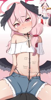 1boy 1girl absurdres blue_archive blush body_markings body_writing bulge denim denim_shorts dick-o-meter erection erection_under_clothes halo highres koharu_(blue_archive) koharu_(pizza_hut)_(blue_archive) legs loli looking_at_viewer navel photo_reference pink_eyes pink_hair short_shorts shorts sitting sitting_on_lap sitting_on_person stomach thighs thong wings zhyseven
