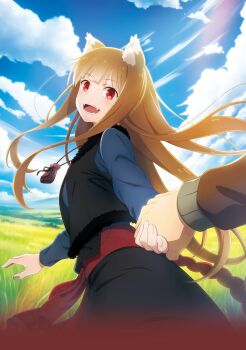 1boy 1girl absurdres animal_ears blue_sky breasts cloud craft_lawrence fang grass highres holding_hands holo light_rays long_sleeves official_art open_mouth outdoors pouch pov pulling red_eyes sky small_breasts spice_and_wolf textless_version wolf_girl
