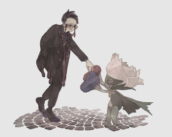 Rule 34 | 1boy, absurdres, black coat, black hair, black pants, black shoes, black socks, coat, commentary request, corbeau (pokemon), gen 4 pokemon, glasses, grey background, grin, highres, ichi kawa ichi, long sleeves, looking down, male focus, nintendo, pants, pokemon, pokemon (creature), pokemon legends: z-a, roserade, round eyewear, shoes, short hair, smile, socks, standing, teeth