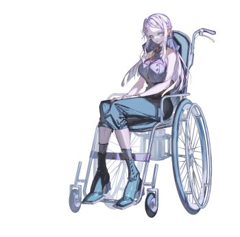 1girl absurdres ami_shido_(crymachina) bare_shoulders boots breasts crymachina full_body highres looking_at_viewer medium_breasts official_art pink_hair rolua sitting skirt solo transparent_background wheelchair white_eyes