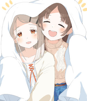 2girls :d belt blanket blonde_hair blue_skirt blush brown_belt brown_hair camisole closed_eyes colored_eyelashes commentary_request earrings facing_viewer gakuen_idolmaster highres idolmaster jewelry kuramoto_china long_hair long_sleeves looking_at_viewer multiple_girls notice_lines open_clothes open_mouth open_robe orange_eyes parted_bangs raichita red_ribbon ribbon robe shared_blanket shinosawa_hiro shirt skirt smile stud_earrings swept_bangs under_covers upper_body white_background white_camisole white_robe white_shirt