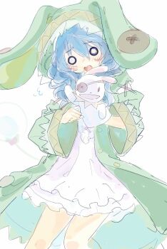 1girl animal_ear_hood animal_hood blue_hair blush buttons coat commentary_request cowboy_shot date_a_live detached_sleeves double-parted_bangs dress eyepatch fake_animal_ears fake_tail floppy_ears flustered flying_sweatdrops green_coat green_hood green_sleeves hair_between_eyes hand_puppet hands_up highres himekawa_yoshino himekawa_yoshino_(spirit) hood hood_up jing_e korean_commentary left-handed light_frown long_hair long_sleeves looking_at_viewer o_o open_clothes open_coat open_mouth petite pocket puppet rabbit_hood rabbit_tail short_dress simple_background sketch solo tail wavy_hair white_background white_dress white_tail wide_sleeves yoshinon