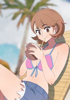 1girl absurdres bare_arms bare_shoulders beach beach_chair bikini blue_shorts blurry blurry_background breasts brown_eyes brown_hair cleavage cloud cloudy_sky coconut coconut_cup commentary denim denim_shorts drinking_straw earrings english_text feet_out_of_frame flipped_hair frayed_shorts front-tie_bikini_top front-tie_top gjh halterneck highres holding jewelry medium_breasts navel official_alternate_costume outdoors palm_tree pearl_earrings persona persona_3 pink_bikini short_hair shorts sitting sky smile solo stomach summer swimsuit takeba_yukari tree