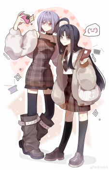 Rule 34 | 2girls, absurdres, ahoge, awa subaru, bang dream!, bang dream! it's mygo!!!!!, black choker, black hair, black socks, black thighhighs, brown jacket, brown necktie, brown skirt, choker, commentary, girls band cry, grey leg warmers, haobuguniao, heart, highres, instrument connection, jacket, kneehighs, leg warmers, long hair, multiple girls, necktie, open clothes, open jacket, parted bangs, pink eyes, purple hair, selfie, shirt, short hair, simple background, skirt, socks, thighhighs, untranslatable commentary, white background, white shirt, yuutenji nyamu, zettai ryouiki
