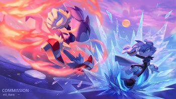 2girls absurdres animal_ears blaze_the_cat cat_ears cat_girl cat_tail cloud commentary commission cryokinesis english_commentary fire forehead_jewel frozen_lake furry furry_female gloves high_heels highres ice ice_crystal miitara moon multiple_girls original purple_sky pyrokinesis running sky smile sonic_(series) tail yellow_eyes