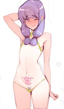 1girl bikini blush cowboy_shot doxy earrings female_focus female_pubic_hair flat_chest heart heart_tattoo jewelry micro_bikini navel one_eye_closed original pubic_hair pubic_tattoo purple_eyes purple_hair simple_background solo string_bikini swimsuit tan tanline tattoo white_background