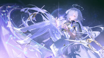 1girl absurdres closed_mouth constellation dress earrings full_body grey_hair hair_intakes hair_ornament hair_over_one_eye halo hands_up high_heels highres id_card jacket jewelry long_hair looking_at_viewer mornye_(wuthering_waves) purple_dress red_eyes see-through_body solo tacet_mark_(wuthering_waves) triangle_earrings very_long_hair white_jacket wuthering_waves zhongjin