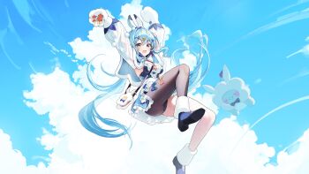 1girl absurdres animal_hands arahashi_tabi black_pantyhose blue_bow blue_capelet blue_dress blue_eyes blue_hair bow breasts capelet cleavage cloud cloudy_sky commentary_request detached_sleeves dress fishnet_thighhighs fishnets frilled_dress frills fur-trimmed_capelet fur-trimmed_shoes fur_trim gloves hair_ornament ham99luv highres hood hooded_capelet korean_commentary long_hair open_mouth orange_bow pantyhose paw_gloves pom_pom_(clothes) pungdangi_(arahashi_tabi) see-through_clothes see-through_sleeves single_leg_pantyhose single_thighhigh sky stellive strapless strapless_dress thighhighs tongue tongue_out twintails very_long_hair virtual_youtuber white_thighhighs x_hair_ornament