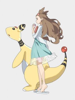 1girl ampharos brown_eyes brown_hair commentary daniel_deng dress from_side gen_2_pokemon green_dress highres holding holding_poke_ball jasmine_(pokemon) long_hair looking_at_viewer nintendo poke_ball pokemon pokemon_(creature) pokemon_hgss red_ribbon ribbon sandals soles tail