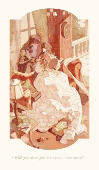 1boy 1girl black_coat bouquet brown_hair chaise_longue chaoxibumian coat dress english_text fishbowl flower hetero highres holding holding_bouquet holding_paintbrush holding_picture_frame hood hood_up hooded_coat lamp long_dress long_hair looking_at_another love_and_deepspace open_mouth paintbrush picture_frame protagonist_(love_and_deepspace) purple_hair rafayel_(love_and_deepspace) red_flower short_hair sitting smile tile_floor tiles white_dress window