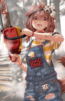 1girl :3 absurdres animal_collar animal_ears blank_eyes braid brown_hair chainsaw character_print clothes_writing collar commentary_request cosplay cowboy_shot crazy denim_overalls dog_ears dog_girl dog_tail dot_nose extra_ears fangs fog hair_ornament highres holding holding_chainsaw hololive inugami_korone inugami_korone_(9th_costume) listener_(inugami_korone) log_cabin looking_at_viewer mask mask_on_head open_mouth outdoors overalls red_collar shaded_face shirt short_sleeves single_off_shoulder solo splatter striped_clothes striped_shirt sunlight tail tongue tongue_out torn_clothes twin_braids two-tone_shirt virtual_youtuber