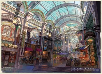 awning belles_ruelles border chair clock commentary_request day door hanging_light highres indoors mall menu_board movie_theater no_humans parasol poten scenery shop sign stairs table umbrella white_border window
