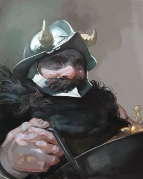 1boy beard beard_over_mouth big_nose dungeon_meshi dwarf eyes_in_shadow facial_hair fake_horns helmet highres horned_helmet horns kanji_(nievart) long_beard male_focus mustache realistic senshi_(dungeon_meshi) solo thick_mustache upper_body very_long_beard wok