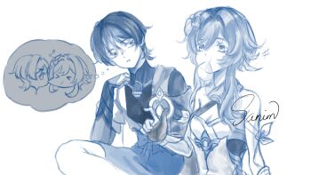 1boy 1girl arm_at_side armor artist_name bare_shoulders biting biting_cheek blunt_ends bodysuit bow breasts bridal_gauntlets cape cheek_bulge cheek_pull chewing_gum cleavage corset detached_sleeves dress elbow_on_thigh eyelashes flower gem genshin_impact gloves hair_flower hair_intakes hair_ornament halterneck hand_up head_tilt highres japanese_armor japanese_clothes kimono kote looking_at_another looking_to_the_side lumine_(genshin_impact) mandarin_collar medium_breasts monochrome open_clothes open_kimono parted_lips partially_fingerless_gloves sanim12607849 scaramouche_(genshin_impact) scarf short_hair short_hair_with_long_locks short_sleeves shorts sidelocks signature sitting spoken_character swept_bangs tsurime vambraces vision_(genshin_impact) wanderer_(genshin_impact) white_background wispy_bangs