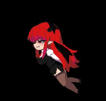 1girl adapted_costume animated animated_gif black_shirt black_skirt breasts chibi demon_girl demon_wings floating flying head_wings koakuma large_breasts long_hair namako_daibakuhatsu pantyhose pixel_art red_eyes red_hair shirt skirt solo solo_focus thighhighs tie_clip touhou wings