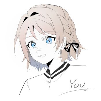 1girl blue_eyes brown_hair collared_jacket grey_hair jacket love_live! love_live!_sunshine!! open_mouth short_hair simple_background smile solo upper_body watanabe_you white_background