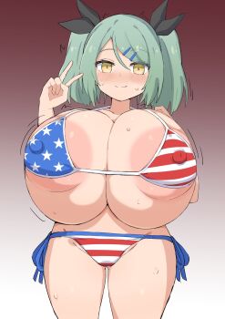 1girl @sabonbold american_flag american_flag_bikini american_flag_print areola_slip bikini black_ribbon blush breasts covered_erect_nipples cowboy_shot dot_nose flag_print flag_print_bikini futaba_(sabonbold) gigantic_breasts gradient_background green_hair hair_ornament hair_ribbon hairclip highres large_areolae looking_at_viewer motion_lines original print_bikini ribbon side-tie_bikini_bottom simple_background smile striped_bikini striped_clothes sweatdrop swimsuit thighs twintails v yellow_eyes
