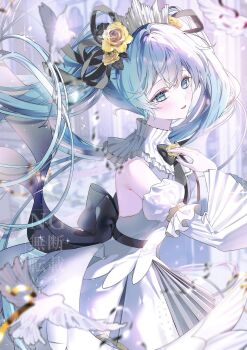 Rule 34 | 1girl, arm up, back bow, bare shoulders, bird, black bow, black ribbon, blue eyes, blurry, blurry background, bow, collar, commentary request, detached sleeves, dress, flower, from side, grey ribbon, hair flower, hair intakes, hair ornament, hair ribbon, hatsune miku, highres, long hair, long sleeves, looking at viewer, parted lips, pleated collar, pleated sleeves, red ribbon, ribbon, shina (sbk951121), sleeveless, sleeveless dress, solo, standing, twintails, very long hair, vocaloid, watermark, white collar, white dress, yellow flower, yellow ribbon