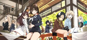 502nd_joint_fighter_wing 6+girls aleksandra_i._pokryshkin animal_ears back bandaid bandaid_on_face bear_ears bear_girl bird_ears bird_girl bird_tail black_hair black_jacket blonde_hair blue_eyes blue_one-piece_swimsuit boots brave_witches brown_eyes brown_hair brown_jacket cat_ears cat_girl day dog_ears edytha_rossmann fox_ears fox_girl fox_tail georgette_lemare green_jacket gundula_rall indoors irue jacket kanno_naoe karibuchi_hikari karibuchi_takami long_hair looking_at_viewer looking_back military military_uniform multiple_girls nikka_edvardine_katajainen no_pants one-piece_swimsuit open_mouth orange_hair pantyhose rabbit_ears rabbit_girl sailor_collar scarf school_swimsuit school_uniform shimohara_sadako short_hair sitting smile squirrel_ears squirrel_girl squirrel_tail standing striped_clothes striped_scarf sweater sweater_vest swimsuit swimsuit_under_clothes tail waltrud_krupinski weasel_ears weasel_girl white_hair white_jacket white_pantyhose white_sailor_collar world_witches_series