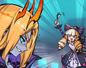 Rule 34 | 1girl, :d, animal ears, arm up, black dress, blonde hair, blush, brown hair, closed eyes, dress, drill hair, fake animal ears, grin, gwen (league of legends), holding, league of legends, long hair, multicolored hair, open mouth, phantom ix row, smile, soul fighter gwen, soul fighter viego, striped sleeves, teeth, twin drills, twintails, two-tone hair, viego (league of legends), white dress