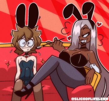 age_difference big_breasts bulge crossdressing dark-skinned_female dark_skin embarrassed erection erection_under_clothes footjob grey_hair heart hetero high_heels lady_magnolia_(trickstaboy) large_penis male_playboy_bunny onee-shota original penis playboy_bunny roy_(trickstaboy) shorter_male shota smoking smoking_pipe taller_female