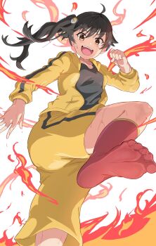1girl ahoge araragi_karen ass black_hair black_shirt blush collarbone egg_hair_ornament fighting_stance fire food-themed_hair_ornament foot_out_of_frame from_below hair_ornament highres jacket kicking long_hair long_sleeves looking_at_viewer looking_down monogatari_(series) nisemonogatari onabe915 open_clothes open_jacket open_mouth red_socks shirt shorts side_ponytail simple_background smile socks soles solo standing standing_on_one_leg teeth track_jacket upper_teeth_only white_background yellow_jacket yellow_shorts